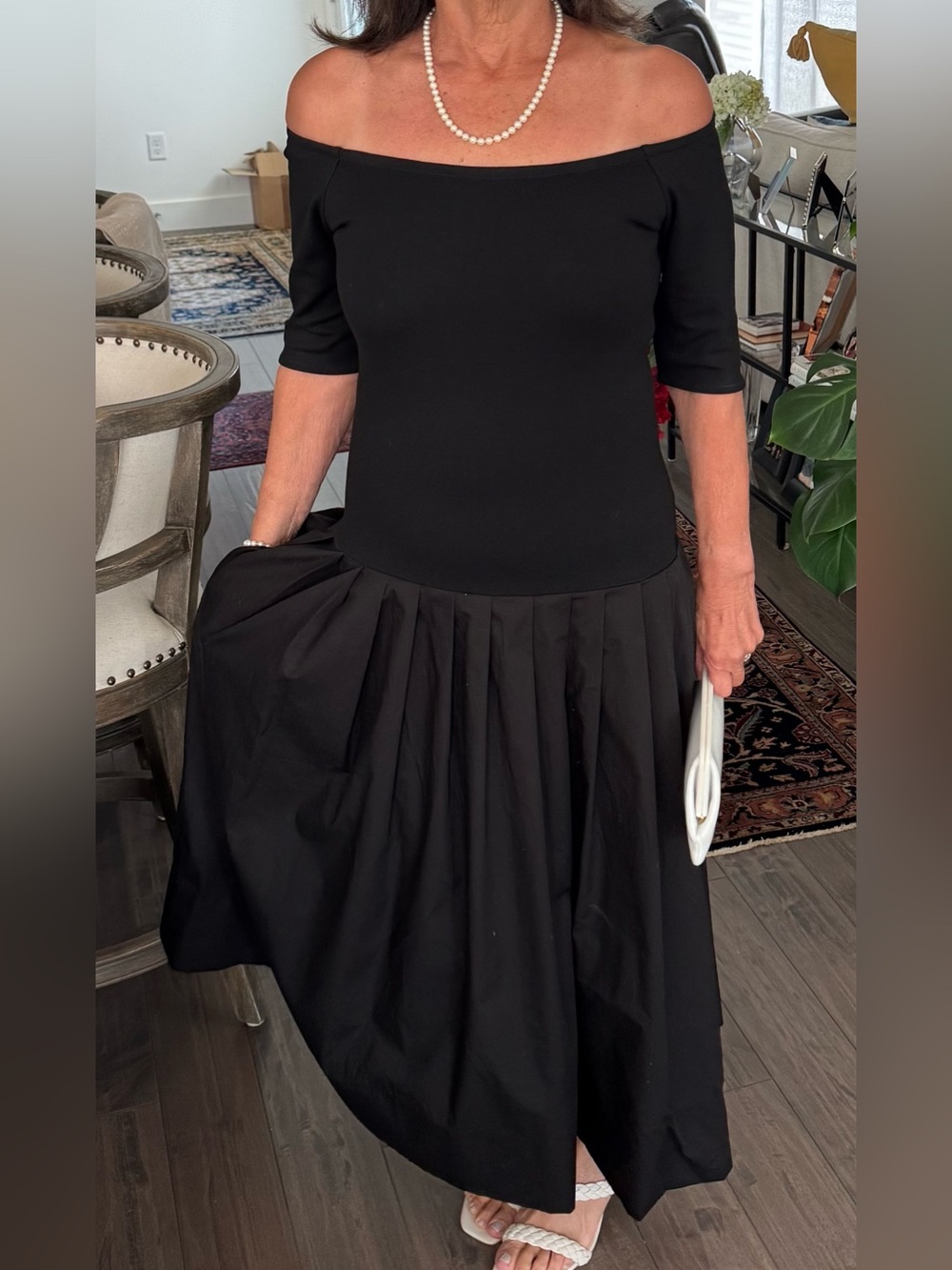 Off-Shoulder Black Midi Dress with Pleated Skirt - Picture 2 of 2